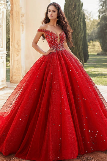 Czerwona suknia balowa z odkrytymi ramionami tiulowa aplikacja quinceanera sukienka
